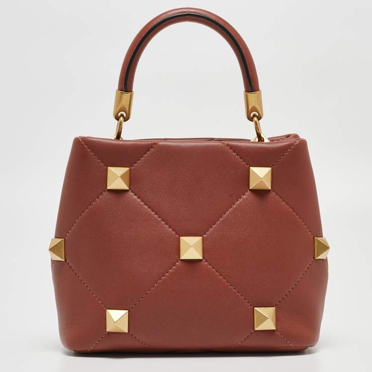 Pre Owned Valentino Chestnut Brown Leather Small Roman Stud Top Handle Bag