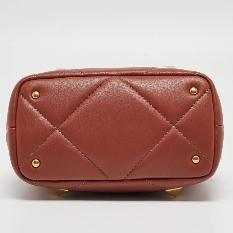 Pre Owned Valentino Chestnut Brown Leather Small Roman Stud Top Handle Bag