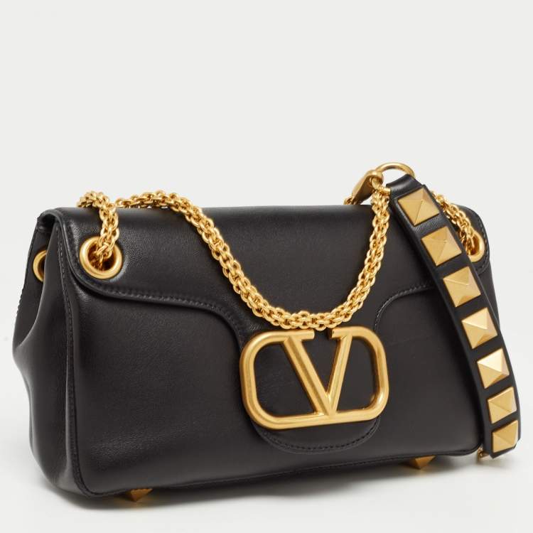 مملوكة مسبقًا Valentino Black Leather VLogo Sign Shoulder Bag