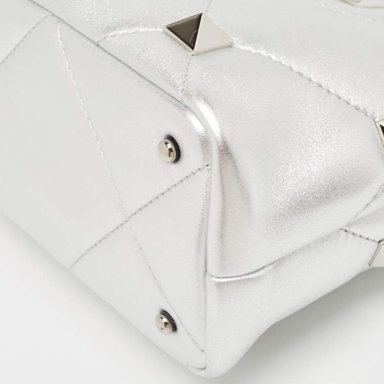 Pre Owned Valentino Silver Quilted Leather Small Roman Stud Top Handle Bag