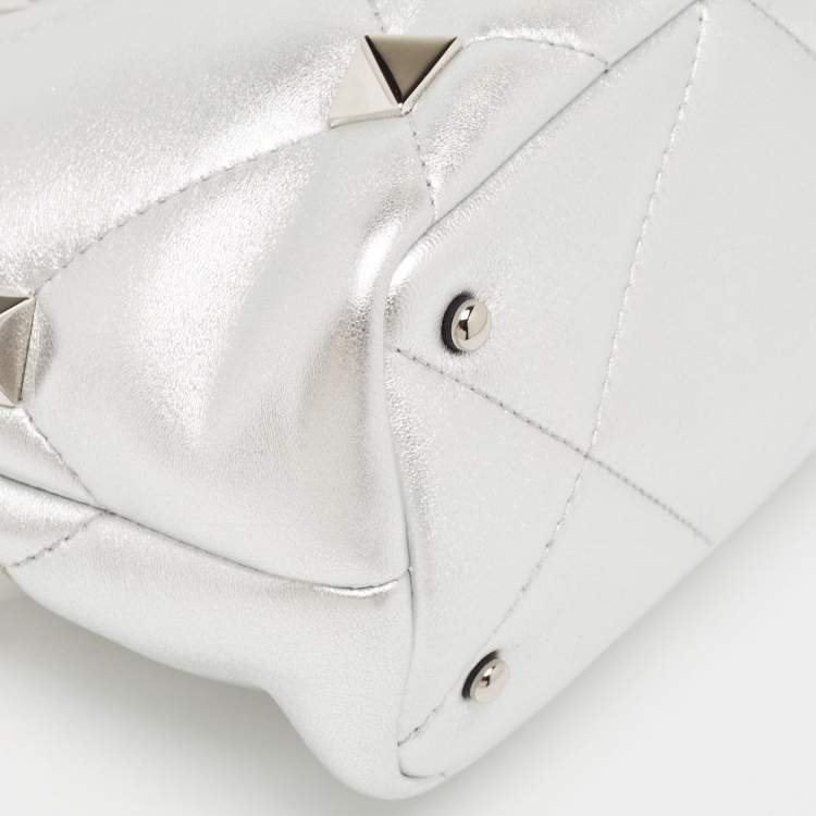 Pre Owned Valentino Silver Quilted Leather Small Roman Stud Top Handle Bag