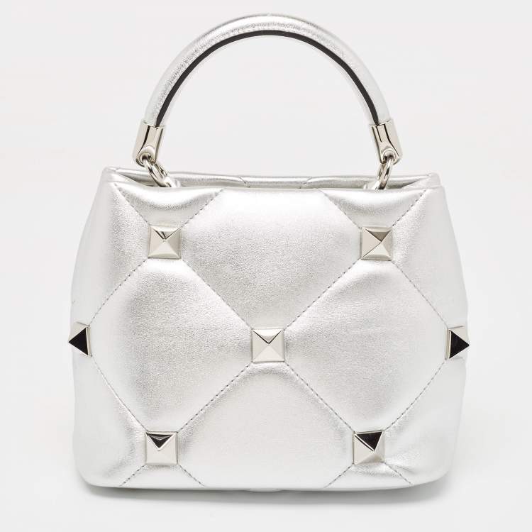 Pre Owned Valentino Silver Quilted Leather Small Roman Stud Top Handle Bag