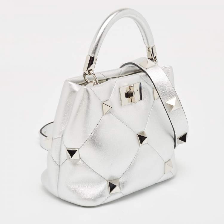 Pre Owned Valentino Silver Quilted Leather Small Roman Stud Top Handle Bag