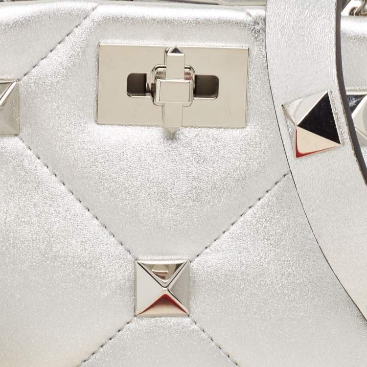 Pre Owned Valentino Silver Quilted Leather Small Roman Stud Top Handle Bag