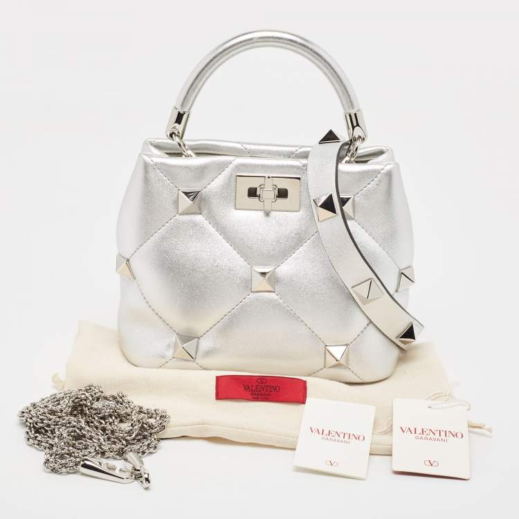 Pre Owned Valentino Silver Quilted Leather Small Roman Stud Top Handle Bag