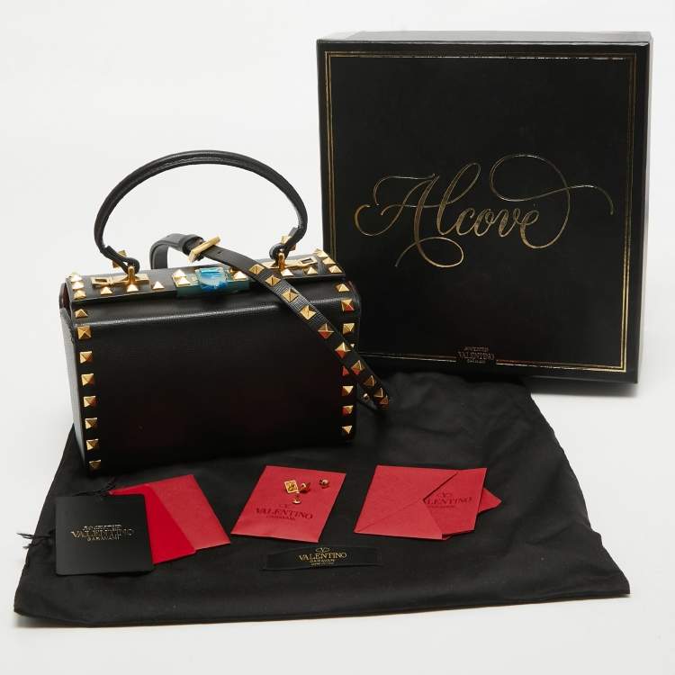 Pre Owned Valentino Black Leather Rockstud Alcove Box Top Handle Bag