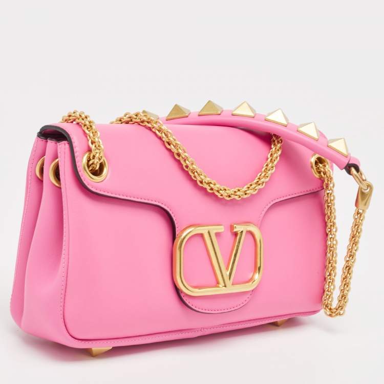 Pre Owned Valentino Pink Leather Stud Sign Shoulder Bag