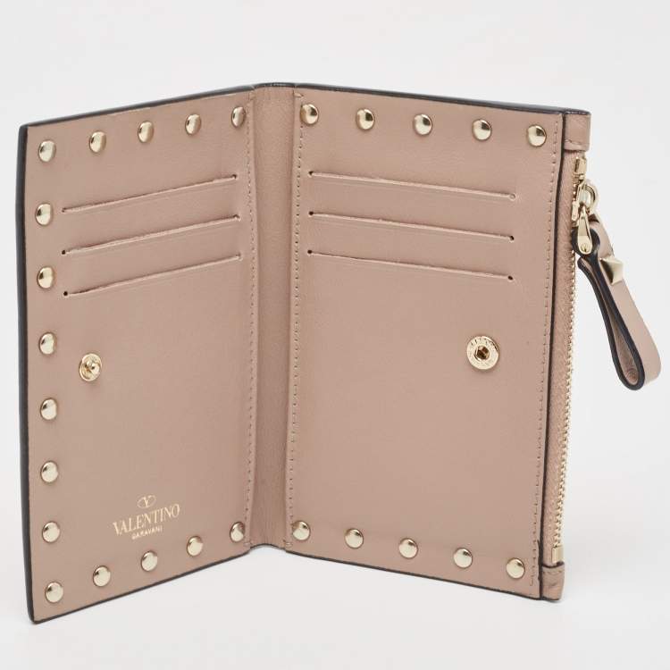 Pre Owned Valentino Dusty Pink Leather Rockstud Compact Wallet