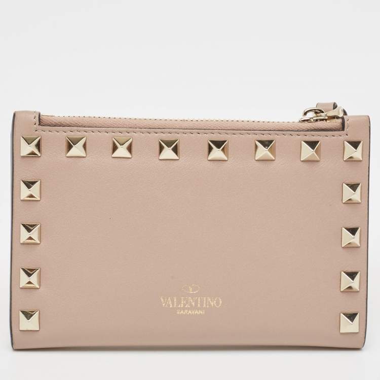 Pre Owned Valentino Dusty Pink Leather Rockstud Compact Wallet
