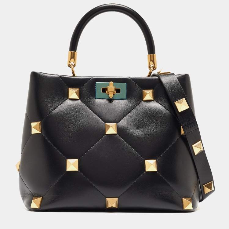 Valentino Black Quilted Leather Medium Roman Stud Top Handle