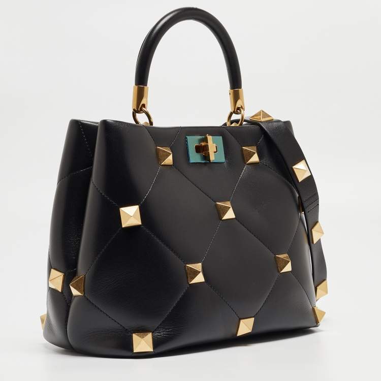 مملوكة مسبقًا Valentino Black Quilted Leather Medium Roman Stud Top Handle Bag