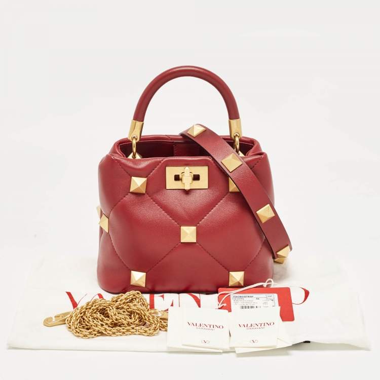 Pre Owned Valentino Burgundy Leather Small Roman Stud Top Handle Bag