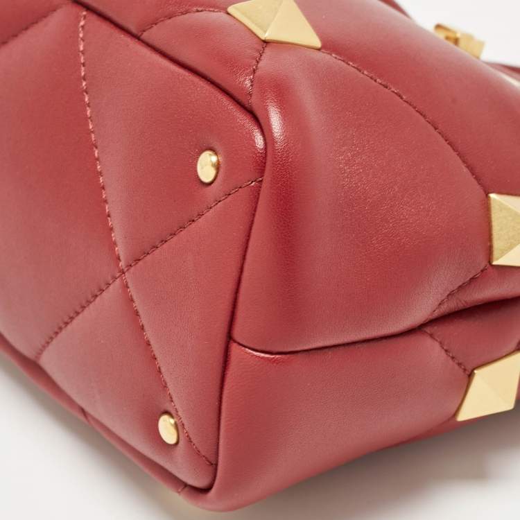Pre Owned Valentino Burgundy Leather Small Roman Stud Top Handle Bag