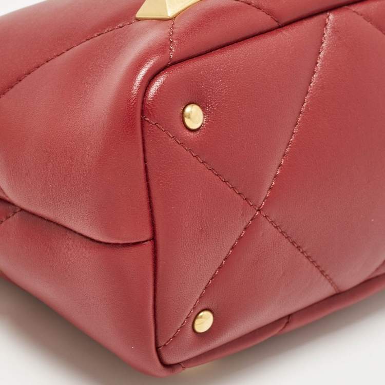 Pre Owned Valentino Burgundy Leather Small Roman Stud Top Handle Bag