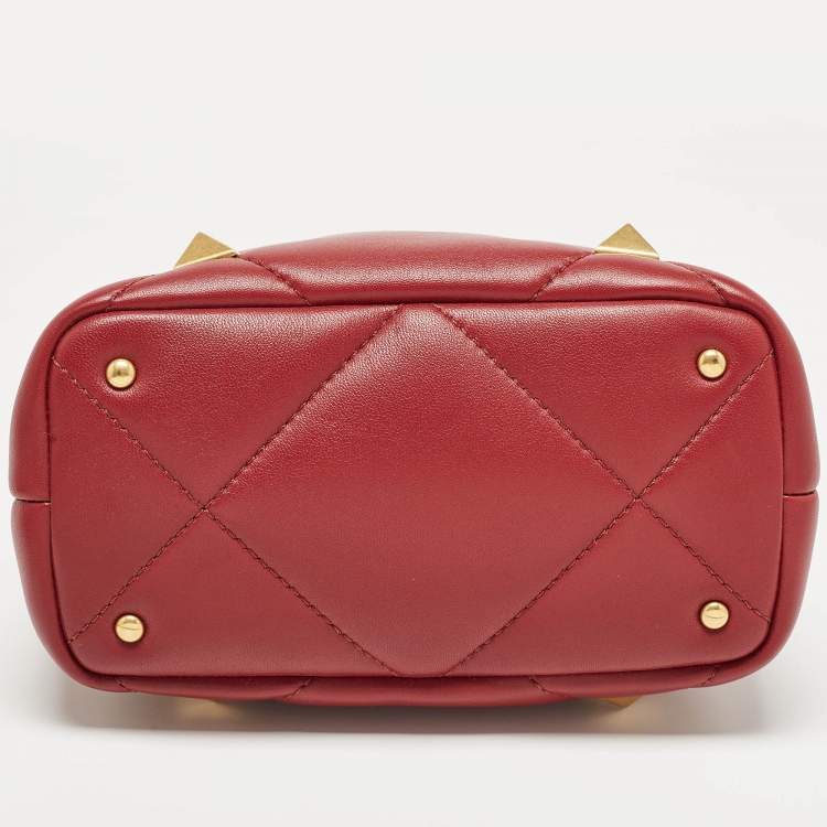 Pre Owned Valentino Burgundy Leather Small Roman Stud Top Handle Bag
