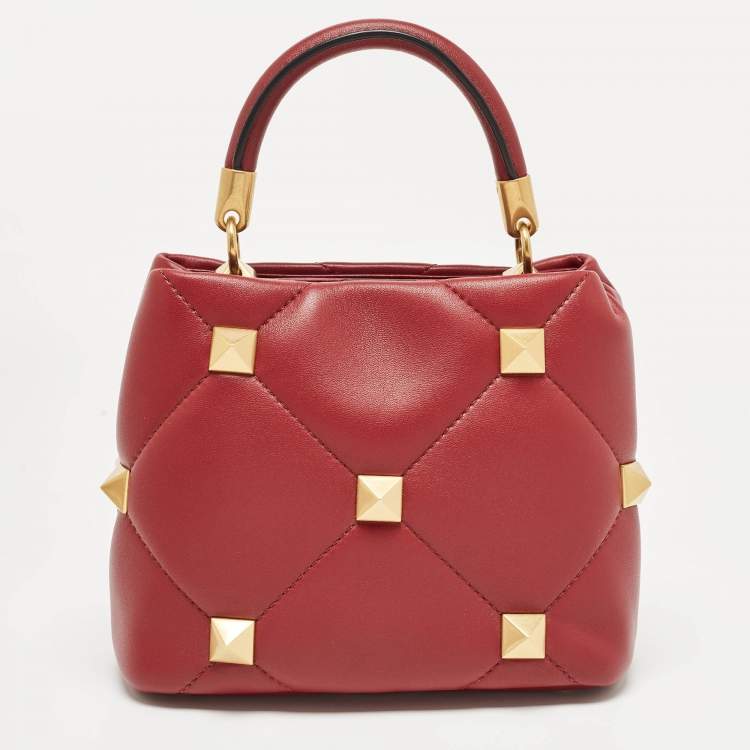 Pre Owned Valentino Burgundy Leather Small Roman Stud Top Handle Bag