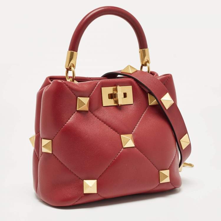 Pre Owned Valentino Burgundy Leather Small Roman Stud Top Handle Bag