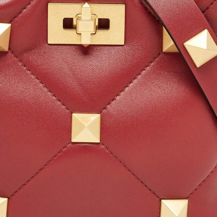 Pre Owned Valentino Burgundy Leather Small Roman Stud Top Handle Bag