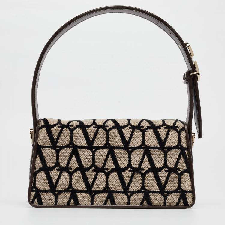 Pre Owned Valentino Brown/Beige Iconographe Canvas and Leather Le Petite Deuxième Top Handle Bag