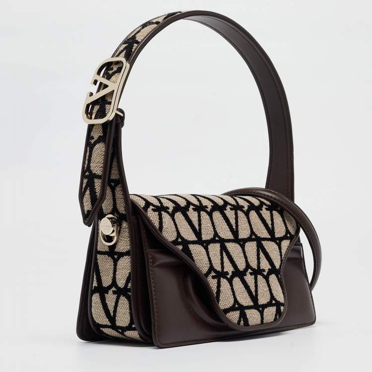 Pre Owned Valentino Brown/Beige Iconographe Canvas and Leather Le Petite Deuxième Top Handle Bag