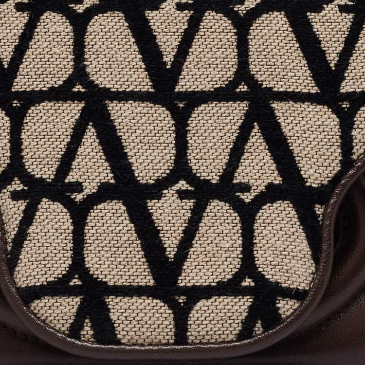 Pre Owned Valentino Brown/Beige Iconographe Canvas and Leather Le Petite Deuxième Top Handle Bag