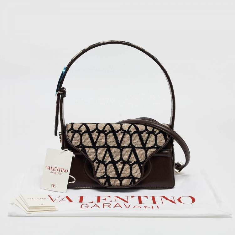 Pre Owned Valentino Brown/Beige Iconographe Canvas and Leather Le Petite Deuxième Top Handle Bag