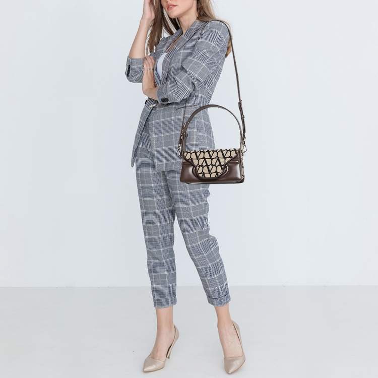 Pre Owned Valentino Brown/Beige Iconographe Canvas and Leather Le Petite Deuxième Top Handle Bag
