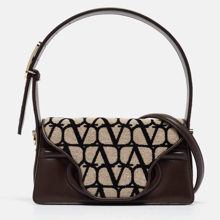 Pre Owned Valentino Brown/Beige Iconographe Canvas and Leather Le Petite Deuxième Top Handle Bag
