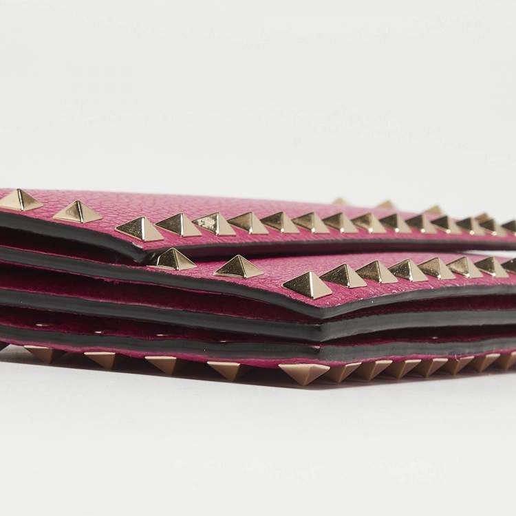 Pre Owned Valentino Fuchsia Leather Rockstud Flap Wallet on Chain