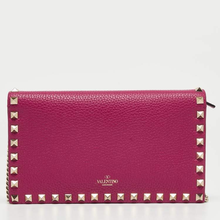 Pre Owned Valentino Fuchsia Leather Rockstud Flap Wallet on Chain