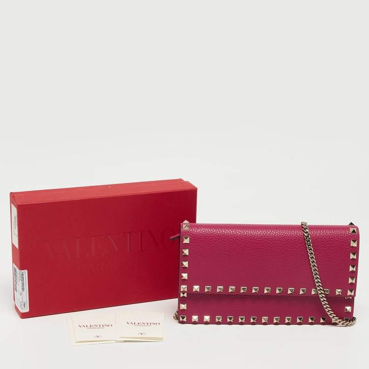 Pre Owned Valentino Fuchsia Leather Rockstud Flap Wallet on Chain
