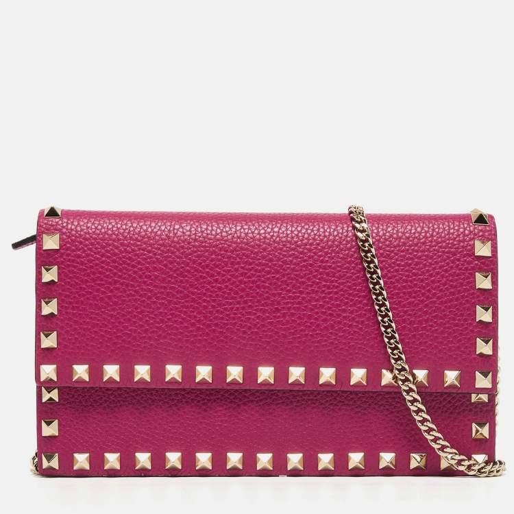 Pre Owned Valentino Fuchsia Leather Rockstud Flap Wallet on Chain