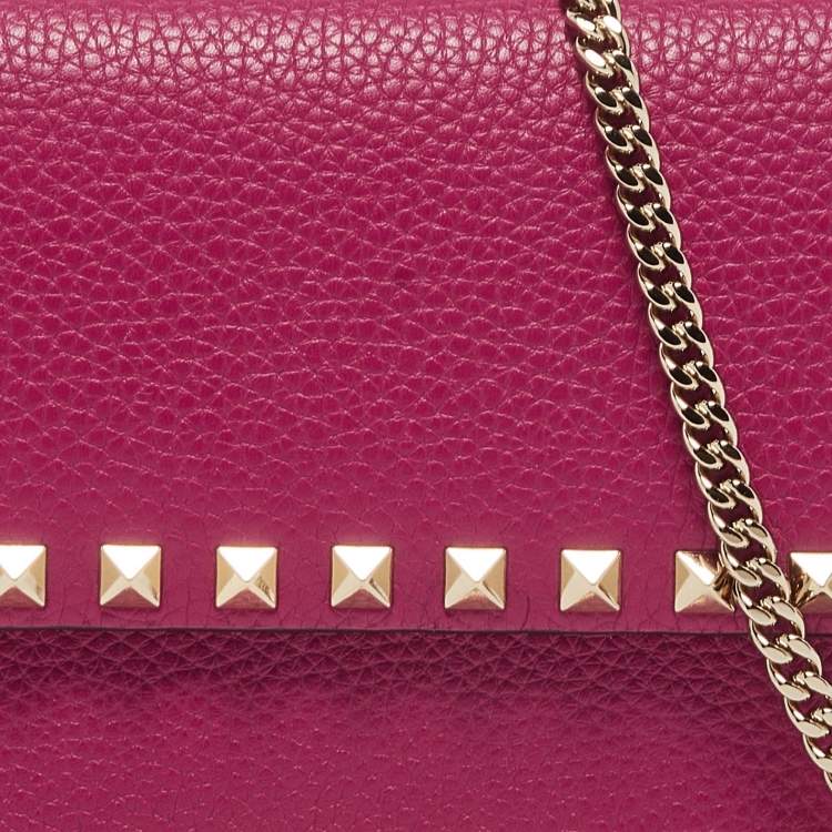 Pre Owned Valentino Fuchsia Leather Rockstud Flap Wallet on Chain