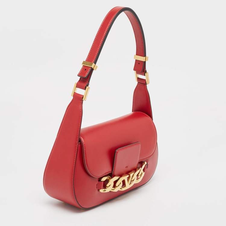 Pre Owned Valentino Red Leather Vlogo Chain Hobo