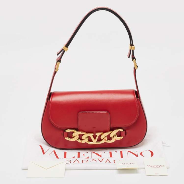 Pre Owned Valentino Red Leather Vlogo Chain Hobo