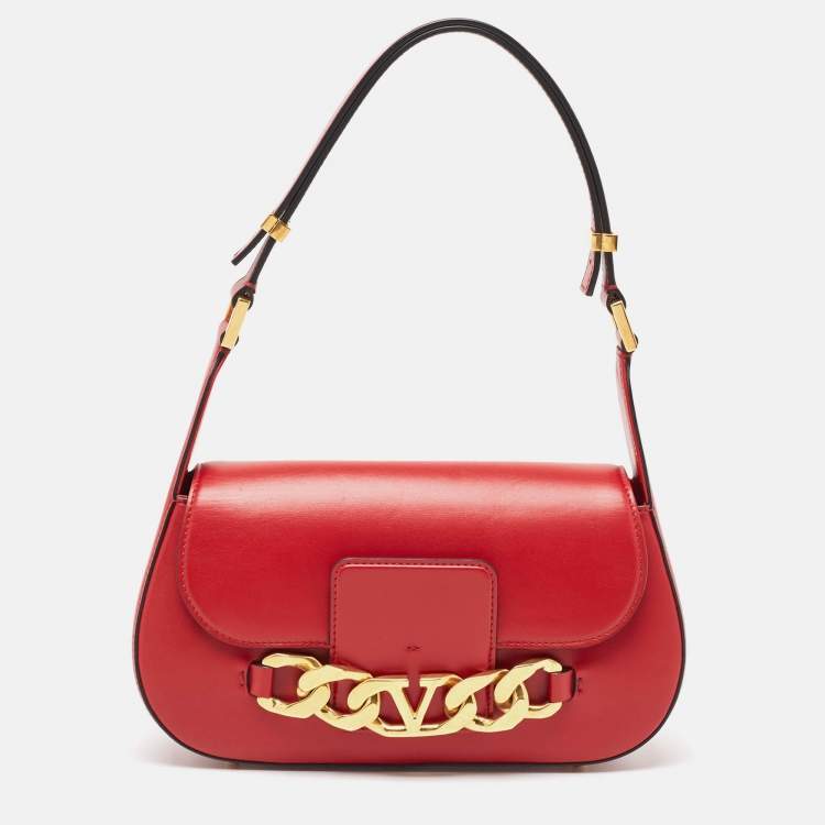 Pre Owned Valentino Red Leather Vlogo Chain Hobo