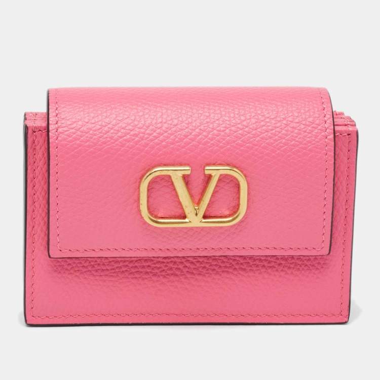 Pre Owned Valentino Pink Leather VLogo Gusset Card Case