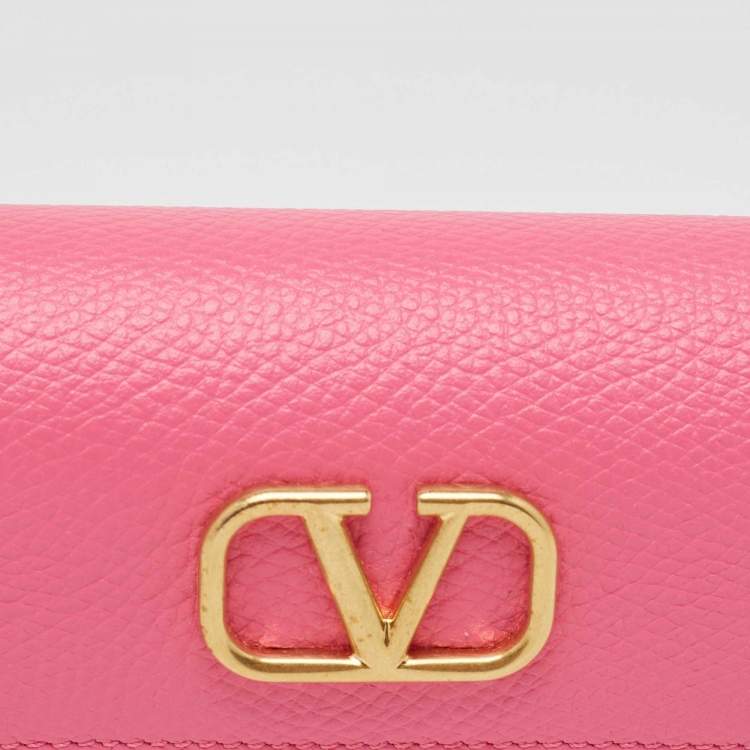 Pre Owned Valentino Pink Leather VLogo Gusset Card Case