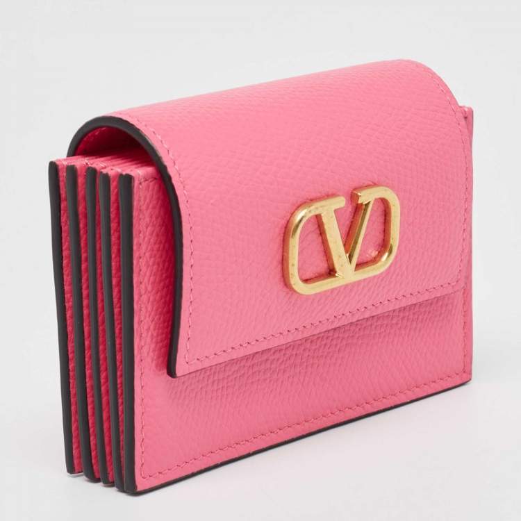 Pre Owned Valentino Pink Leather VLogo Gusset Card Case