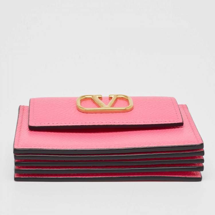 Pre Owned Valentino Pink Leather VLogo Gusset Card Case