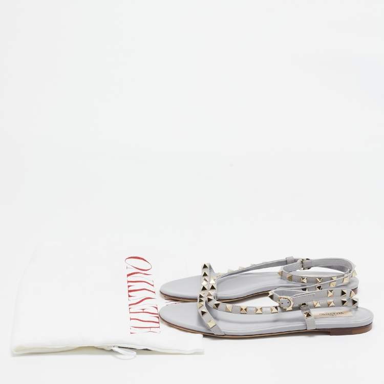 Pre Owned Valentino Grey Leather Rockstud Strappy Flat Sandals Size 38