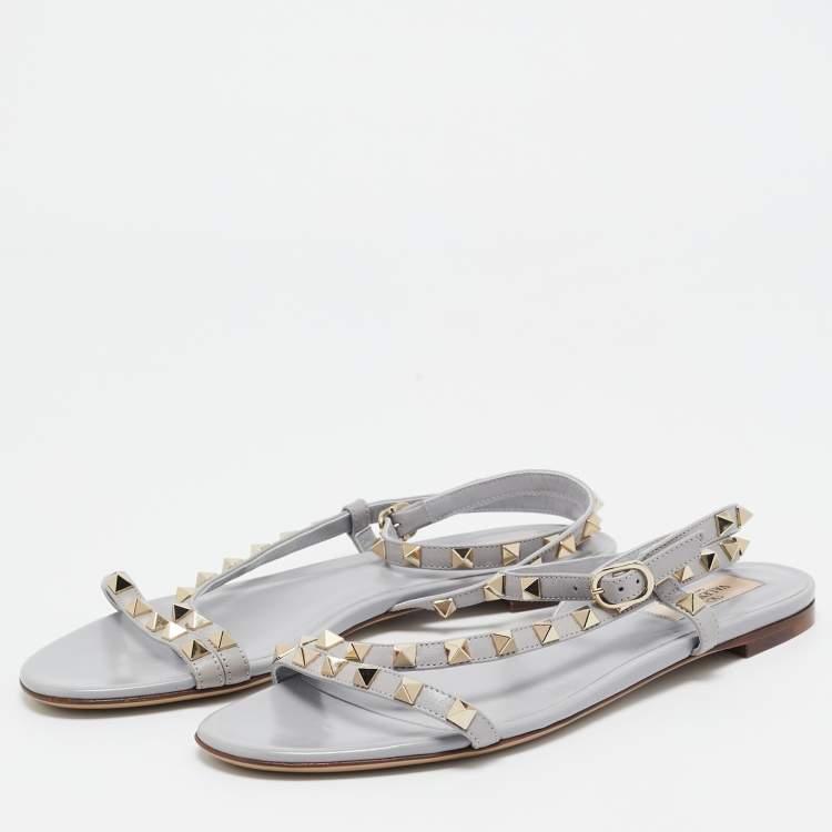 Pre Owned Valentino Grey Leather Rockstud Strappy Flat Sandals Size 38