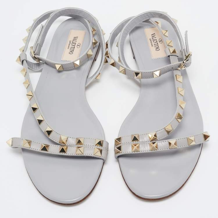 Pre Owned Valentino Grey Leather Rockstud Strappy Flat Sandals Size 38