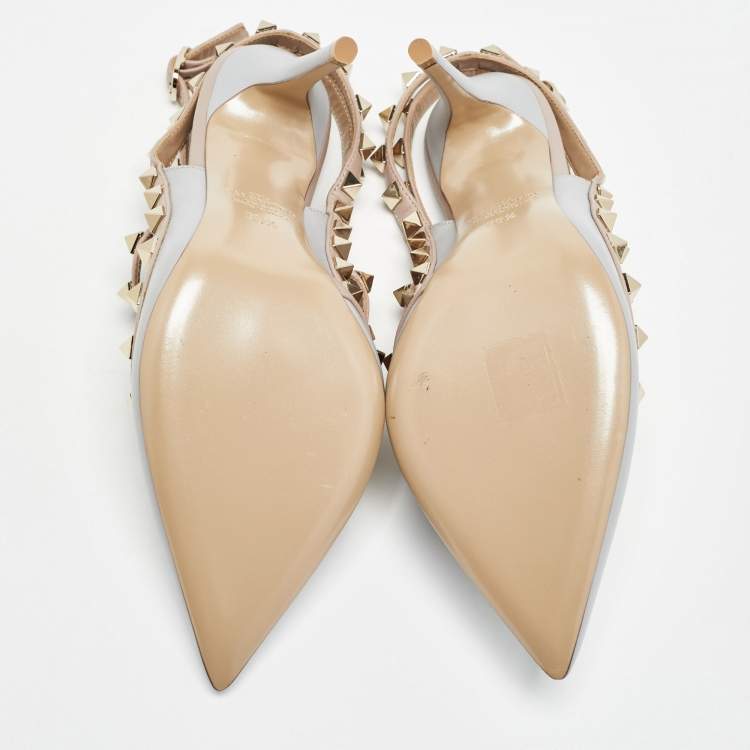 Pre Owned Valentino Grey/Dusty Pink Leather Rockstud Ankle Strap Pumps Size 35.5