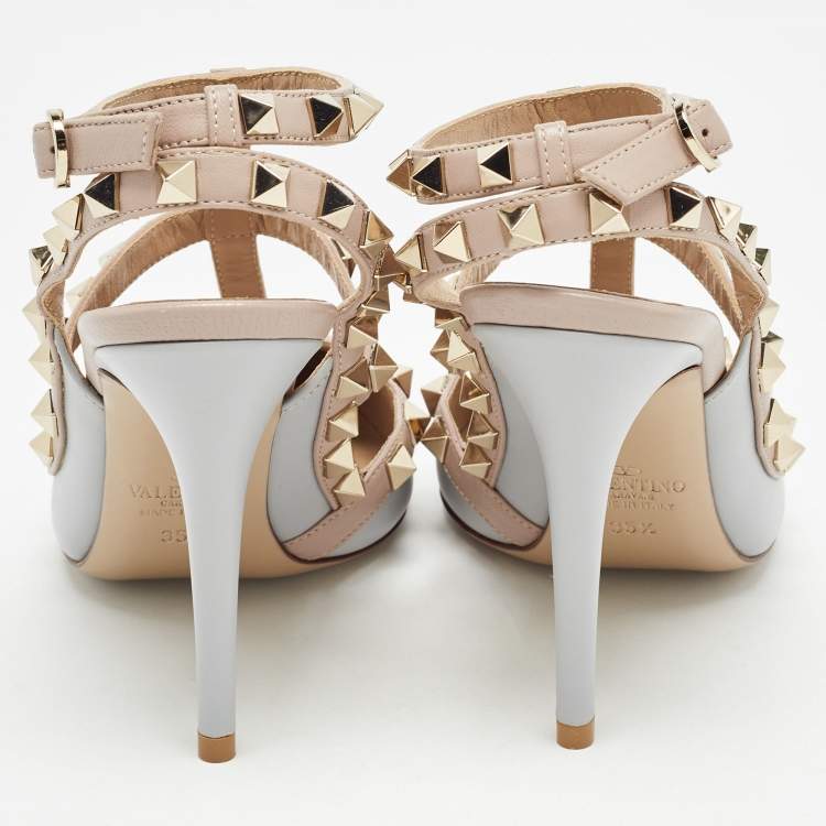Pre Owned Valentino Grey/Dusty Pink Leather Rockstud Ankle Strap Pumps Size 35.5