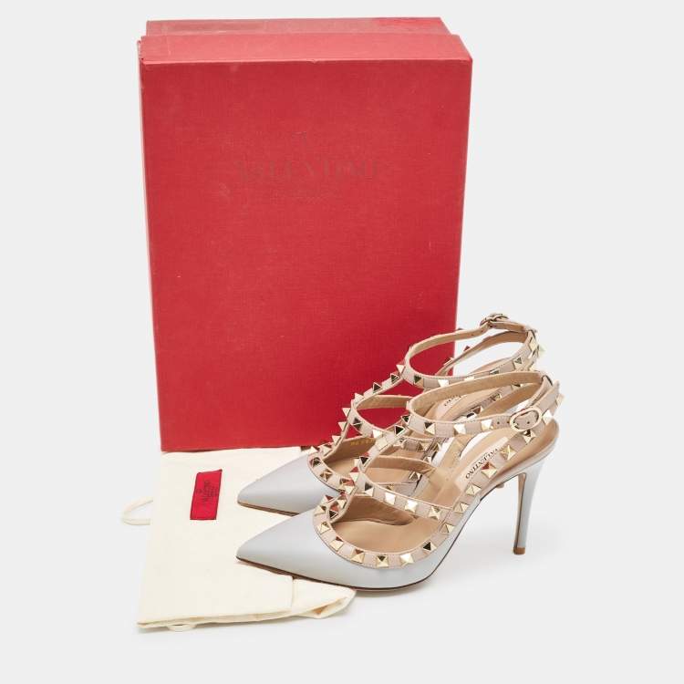 Pre Owned Valentino Grey/Dusty Pink Leather Rockstud Ankle Strap Pumps Size 35.5