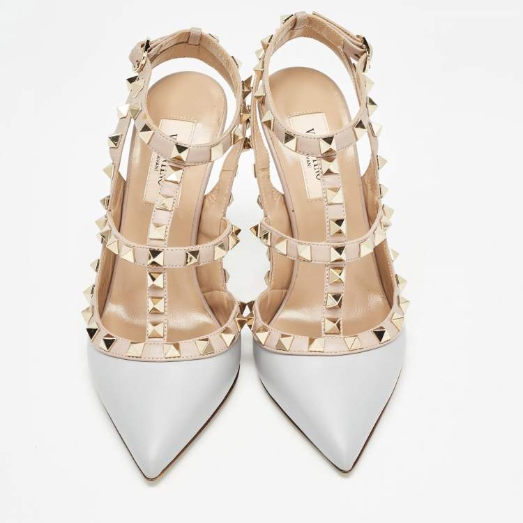 Pre Owned Valentino Grey/Dusty Pink Leather Rockstud Ankle Strap Pumps Size 35.5