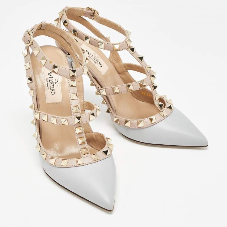 Pre Owned Valentino Grey/Dusty Pink Leather Rockstud Ankle Strap Pumps Size 35.5