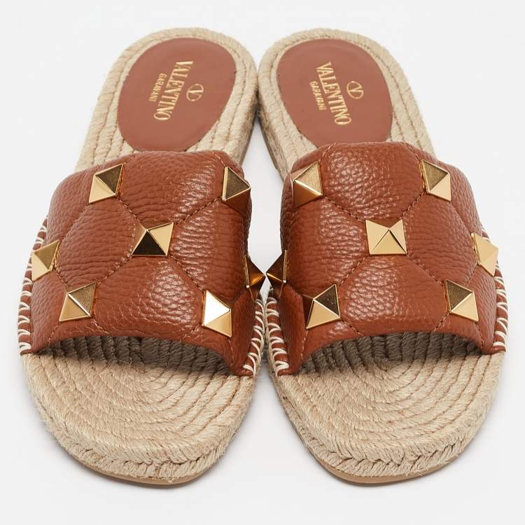 Pre Owned Valentino Brown Leather Roman Stud Flat Slides Size 40