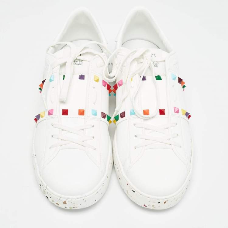 Pre Owned Valentino White Leather Rockstud Low Top Sneakers Size 44